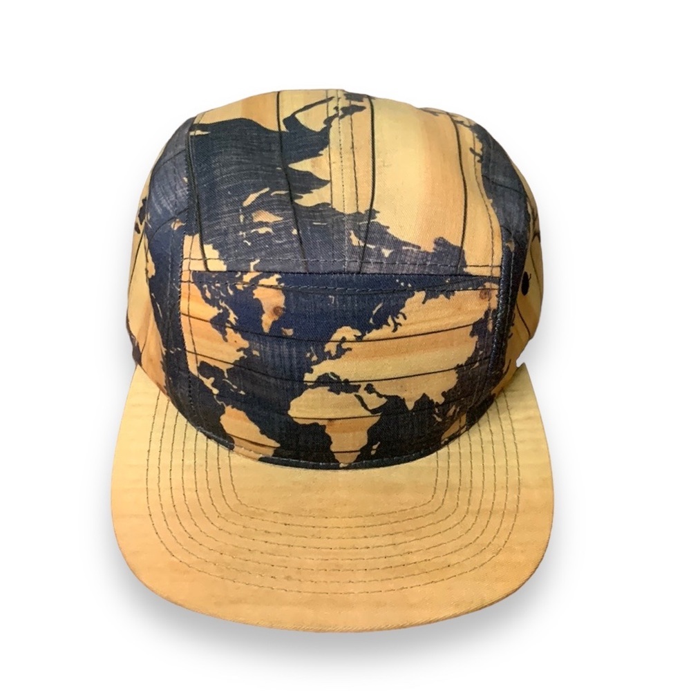 Layover Design World Map Globe 5 Panel Hat Flat Bill Charcoal Gray Tan Snapback